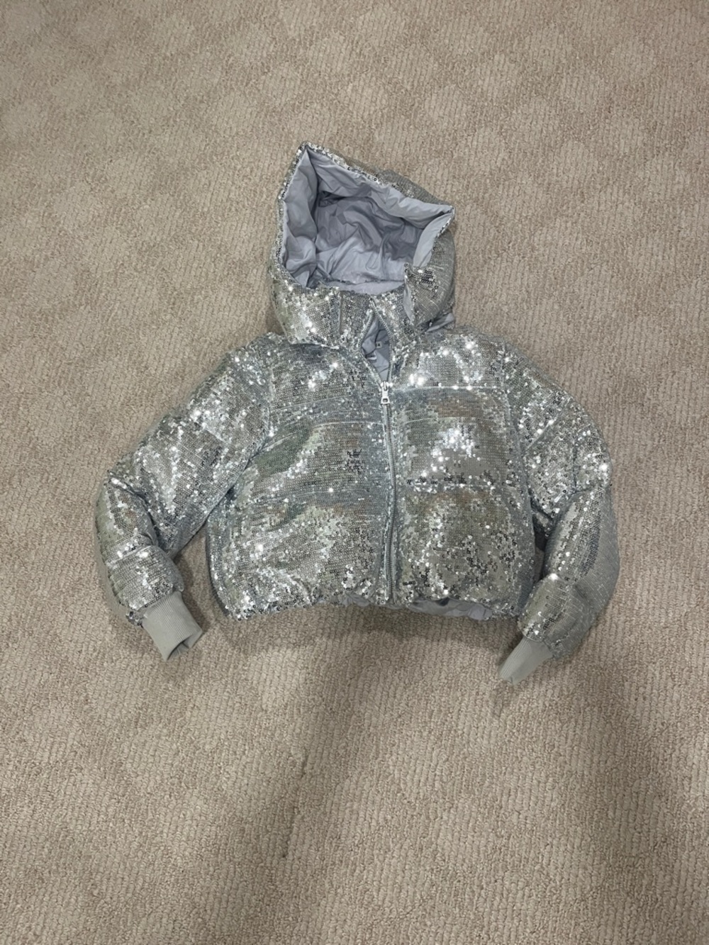 Alice and Olivia Silver Sequin Hooded Puffer Jacket